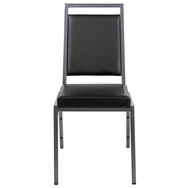 Black Vinyl/Silver Vein Frame |#| Square Back Banquet Stack Chair in Black Vinyl - Wedding Party Event Chair