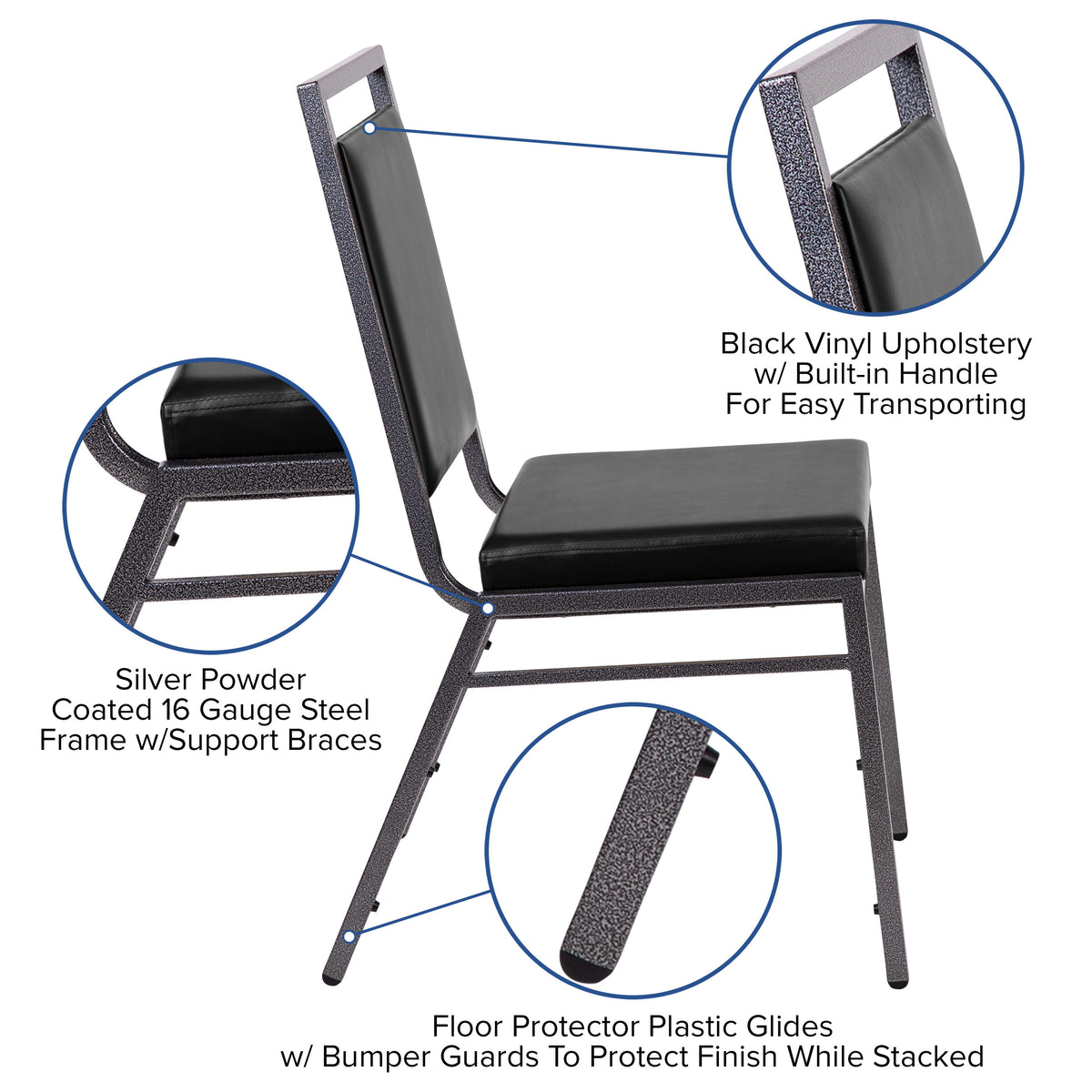 Black Vinyl/Silver Vein Frame |#| Square Back Banquet Stack Chair in Black Vinyl - Wedding Party Event Chair