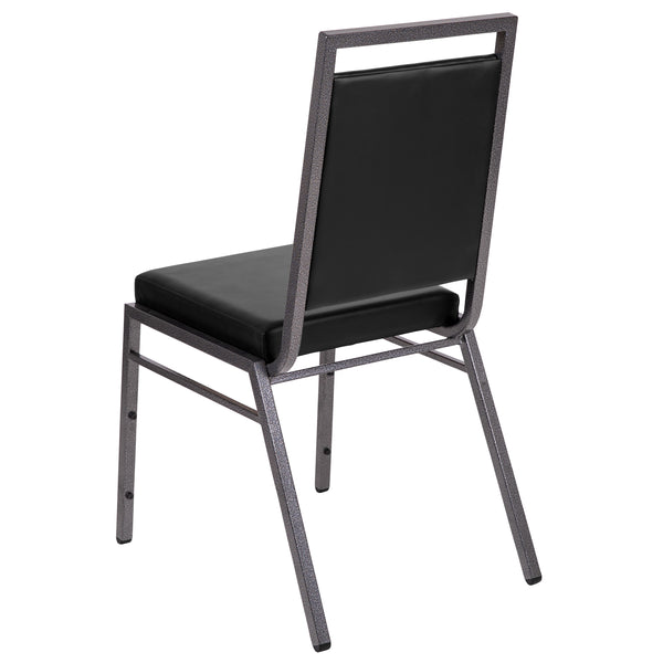 Black Vinyl/Silver Vein Frame |#| Square Back Banquet Stack Chair in Black Vinyl - Wedding Party Event Chair