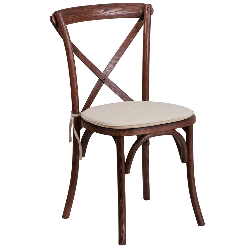 Mahogany |#| Stackable Mahogany Wood Cross Back Chair with Cushion - Dining Room Seating