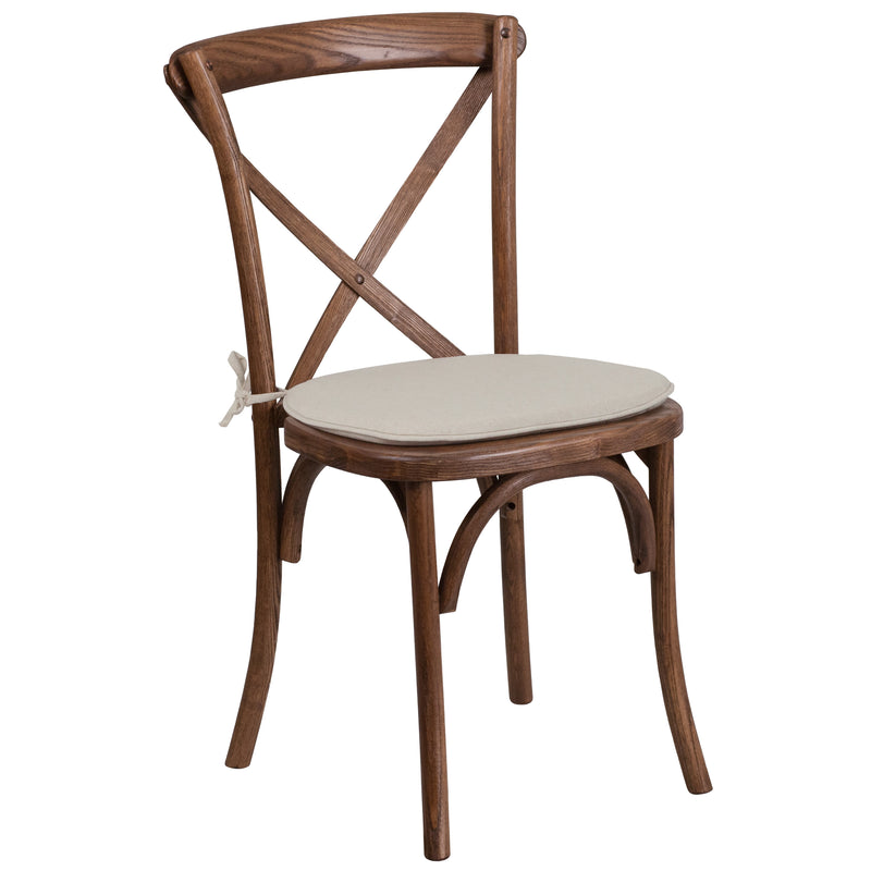 Pecan |#| Stackable Pecan Wood Cross Back Chair with Cushion - Dining Room Seating