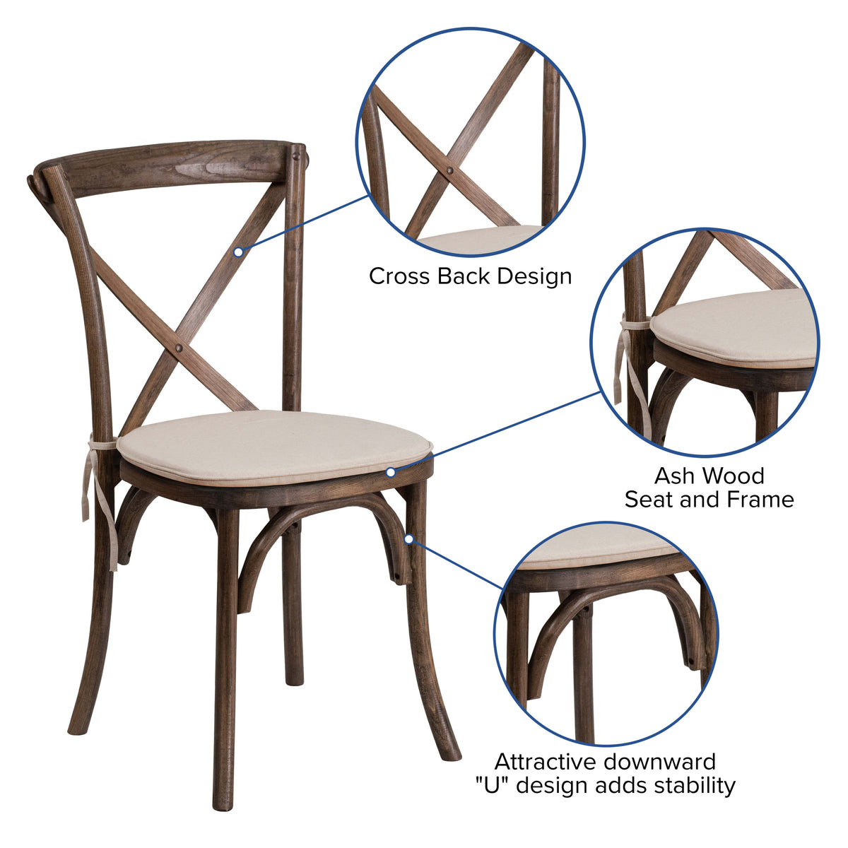 Early American |#| Stackable Early American Wood Cross Back Chair w/ Cushion - Dining Room Seating