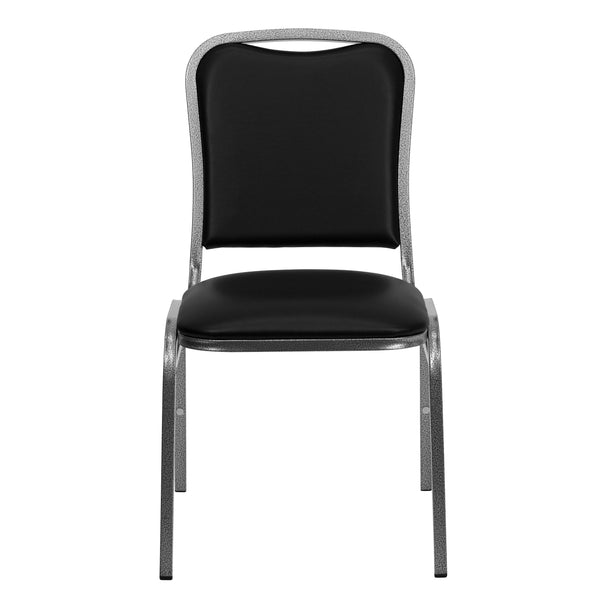 Angled Back Stacking Banquet Chair in Black Vinyl with Silver Vein Frame