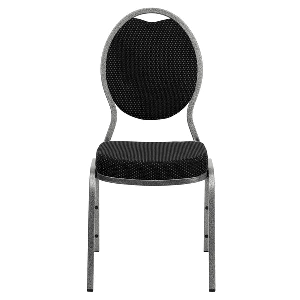 Black Patterned Fabric/Silver Vein Frame |#| Teardrop Back Black Patterned Fabric Stacking Banquet Chair - Silver Vein Frame