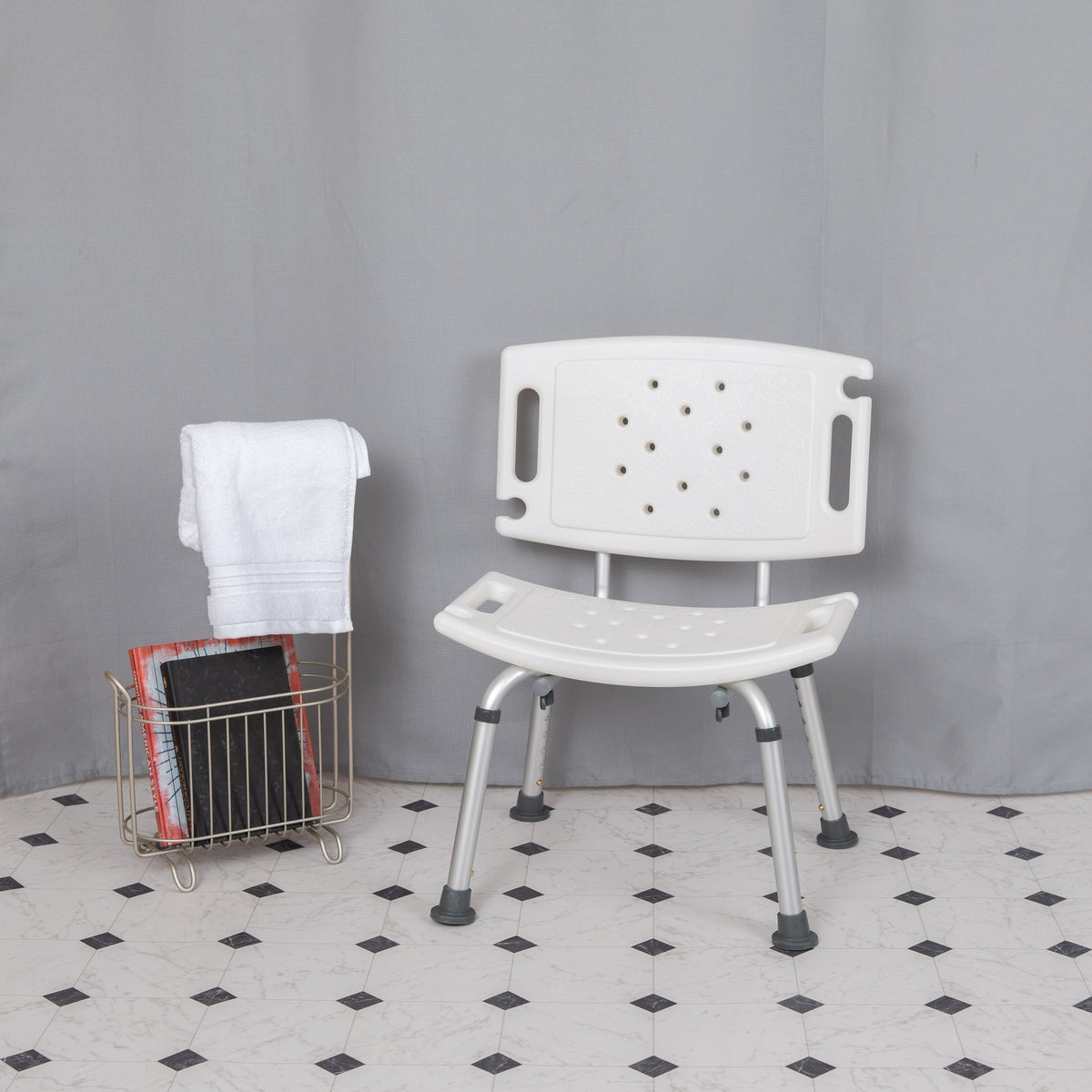 White |#| Tool-Free 300 Lb. Capacity, Adjustable White Bath & Shower Chair with Large Back