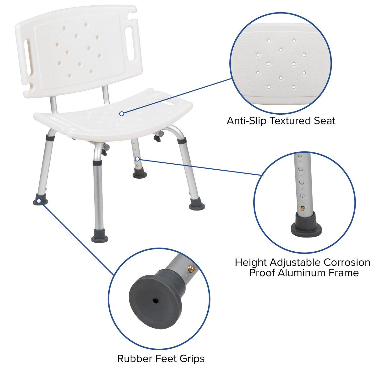 White |#| Tool-Free 300 Lb. Capacity, Adjustable White Bath & Shower Chair with Large Back