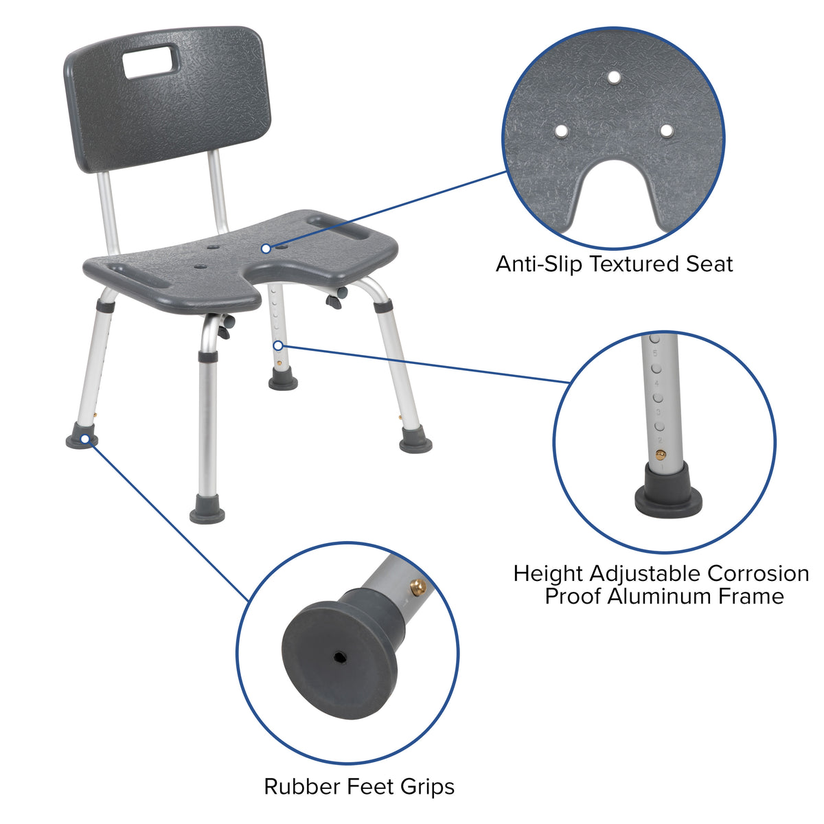 Gray |#| Tool-Free 300 Lb. Capacity, U-Shaped Adjustable Gray Bath & Shower Chair