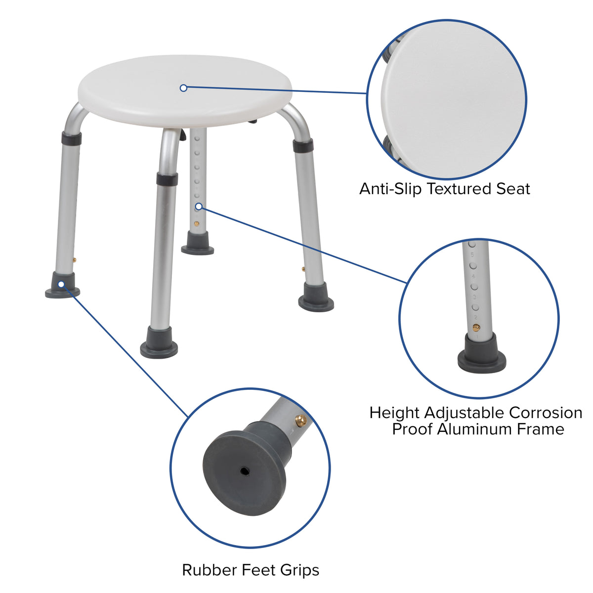 White |#| Tool-Free 300 Lb. Capacity, Adjustable White Bath & Shower Stool