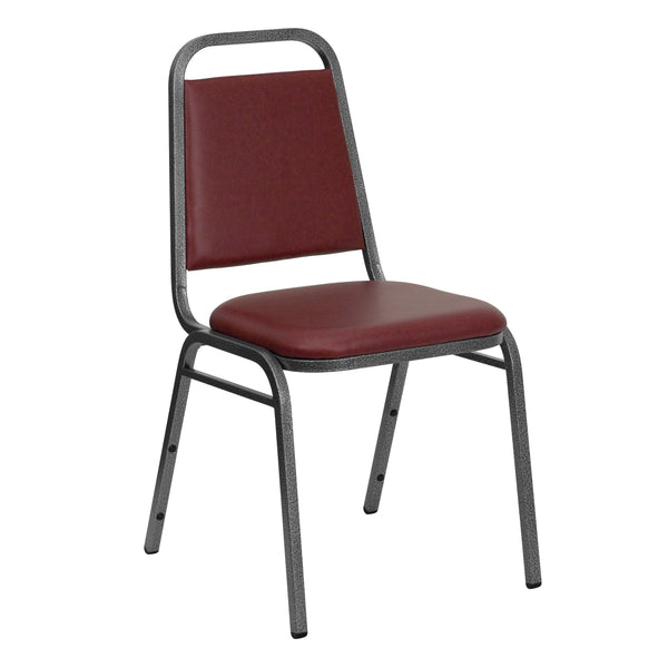 Burgundy Vinyl/Silver Vein Frame |#| Trapezoidal Back Stacking Banquet Chair in Burgundy Vinyl with 1.5inch Thick Seat