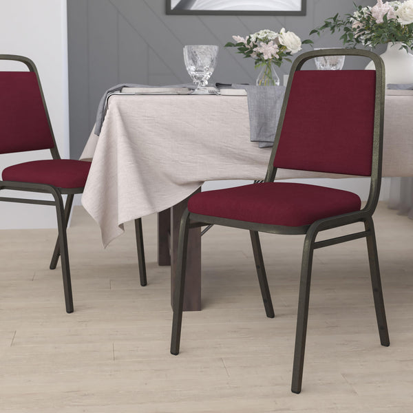 Burgundy Fabric/Gold Vein Frame |#| Trapezoidal Back Stacking Banquet Chair in Burgundy Fabric - Gold Vein Frame