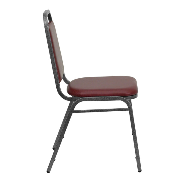 Burgundy Vinyl/Silver Vein Frame |#| Trapezoidal Back Stacking Banquet Chair in Burgundy Vinyl with 1.5inch Thick Seat