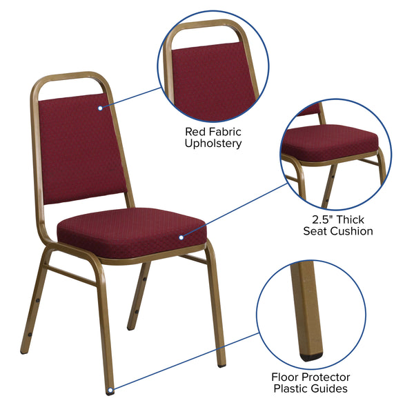 Burgundy Patterned Fabric/Gold Frame |#| Trapezoidal Back Stacking Banquet Chair in Burg Patterned Fabric - Gold Frame