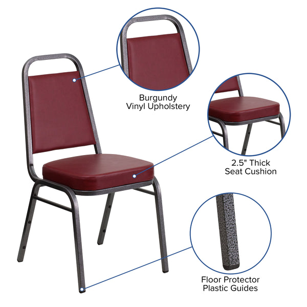 Burgundy Vinyl/Silver Vein Frame |#| Trapezoidal Back Stacking Banquet Chair in Burgundy Vinyl with 2.5inch Thick Seat