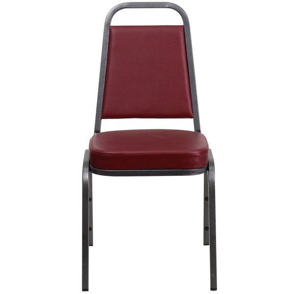 Burgundy Vinyl/Silver Vein Frame |#| Trapezoidal Back Stacking Banquet Chair in Burgundy Vinyl with 2.5inch Thick Seat