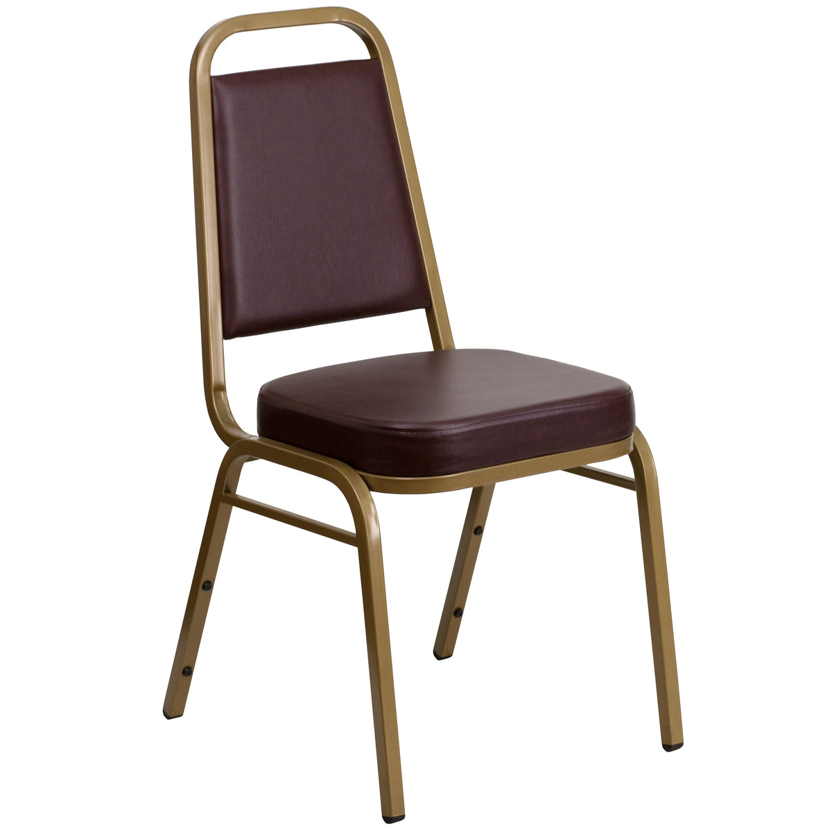 Brown Vinyl/Gold Frame |#| Trapezoidal Back Stacking Banquet Chair in Brown Vinyl - Gold Frame