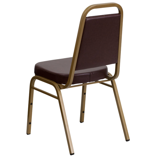 Brown Vinyl/Gold Frame |#| Trapezoidal Back Stacking Banquet Chair in Brown Vinyl - Gold Frame