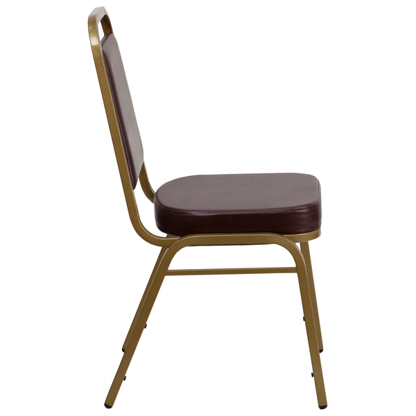 Brown Vinyl/Gold Frame |#| Trapezoidal Back Stacking Banquet Chair in Brown Vinyl - Gold Frame