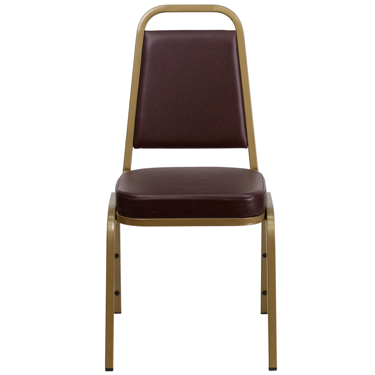 Brown Vinyl/Gold Frame |#| Trapezoidal Back Stacking Banquet Chair in Brown Vinyl - Gold Frame