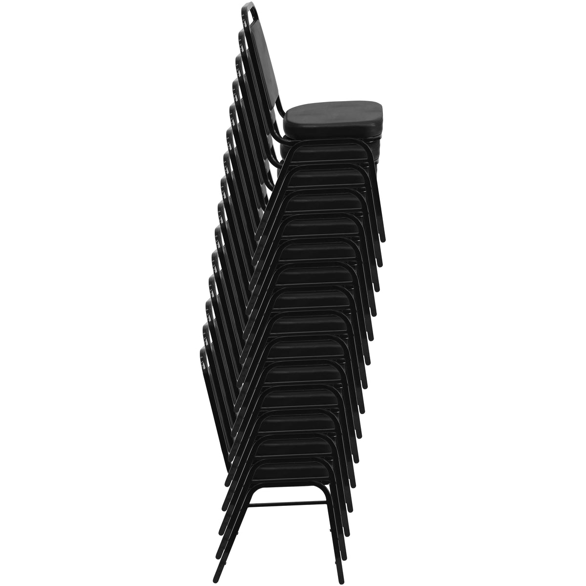 Black Vinyl/Black Frame |#| Trapezoidal Back Stacking Banquet Chair in Black Vinyl with 2.5inch Thick Seat