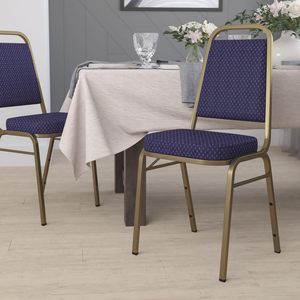 Navy Patterned Fabric/Gold Frame |#| Trapezoidal Back Stacking Banquet Chair in Navy Patterned Fabric - Gold Frame