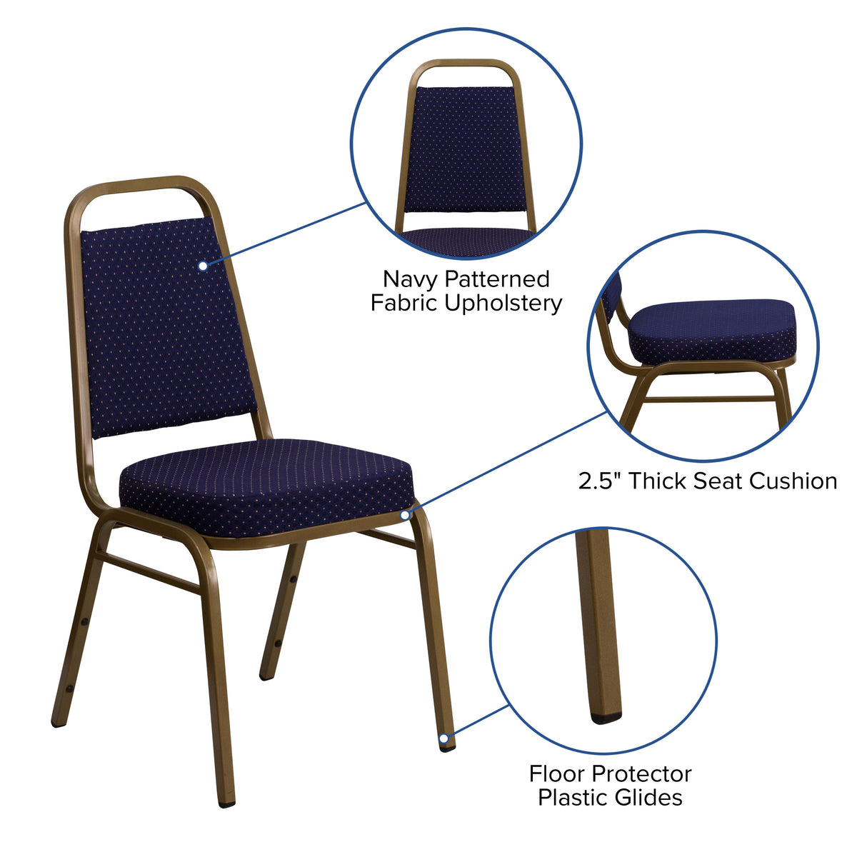 Navy Patterned Fabric/Gold Frame |#| Trapezoidal Back Stacking Banquet Chair in Navy Patterned Fabric - Gold Frame