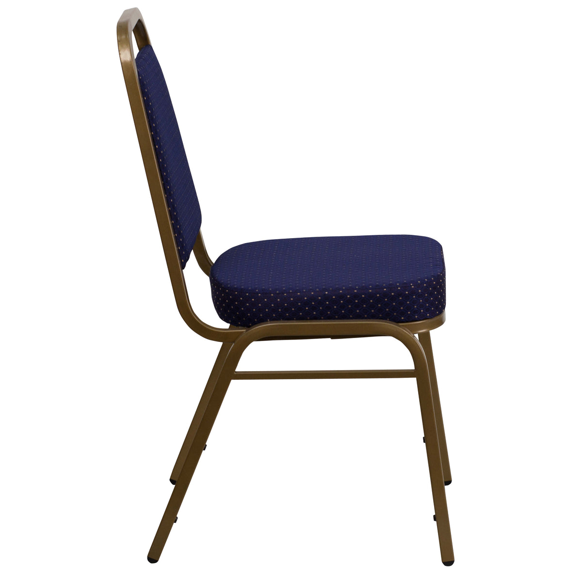 Navy Patterned Fabric/Gold Frame |#| Trapezoidal Back Stacking Banquet Chair in Navy Patterned Fabric - Gold Frame