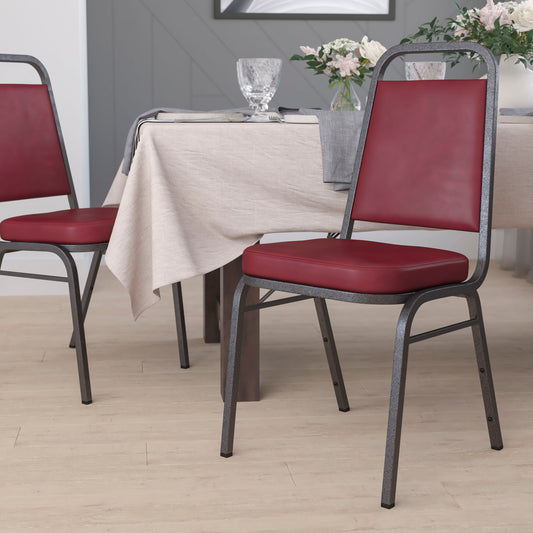 Burgundy Vinyl/Silver Vein Frame |#| Trapezoidal Back Stacking Banquet Chair in Burgundy Vinyl with 2.5" Thick Seat