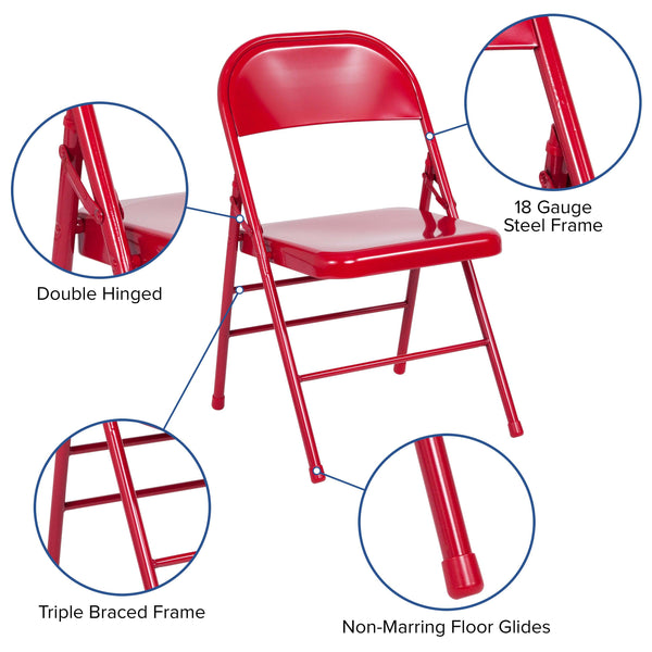 Red |#| Triple Braced & Double Hinged Red Metal Folding Chair - Commercial Chair