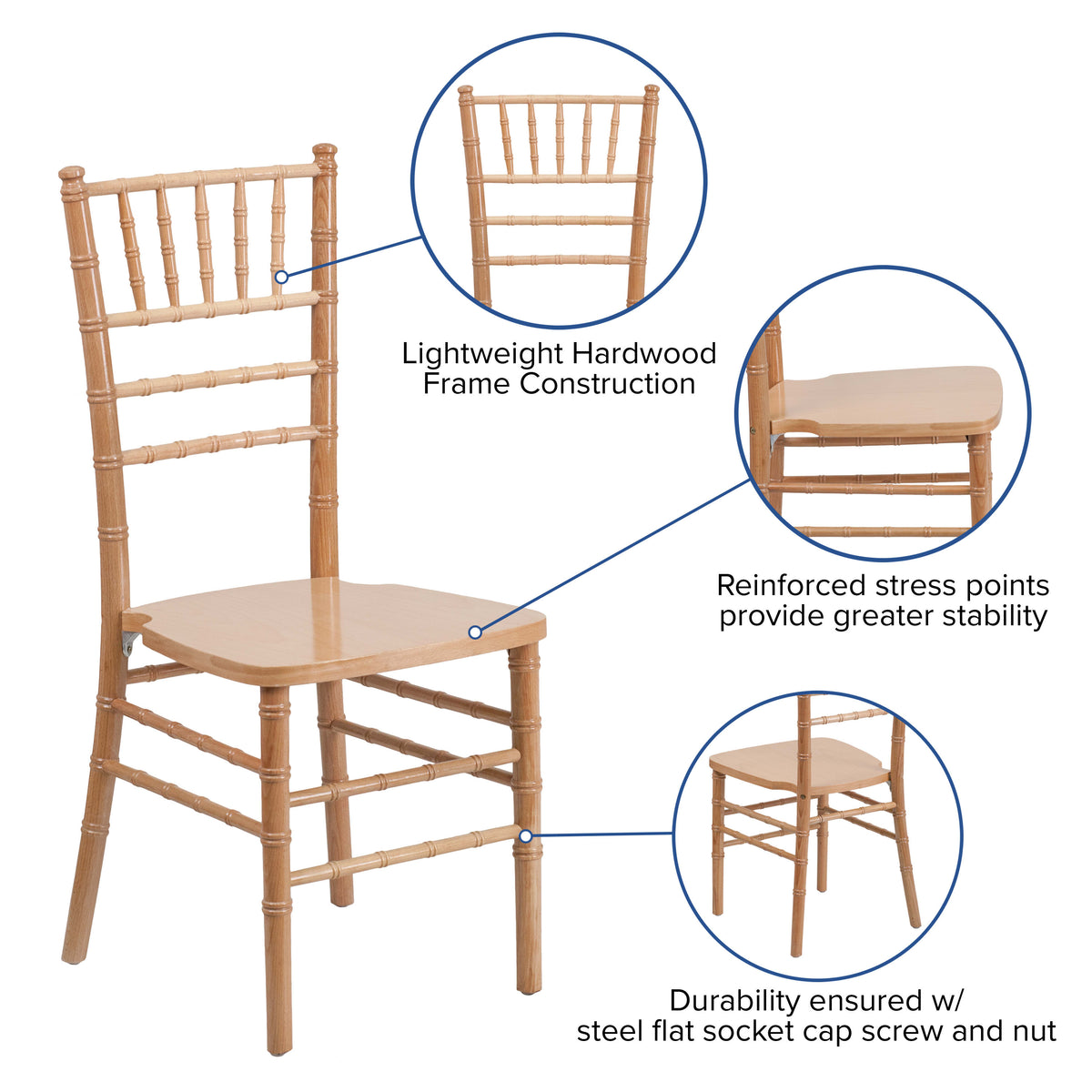 Natural |#| 1100lb. Capacity Natural Wood Stackable Chiavari Event Chair