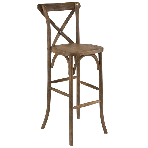 350lb. Rated Dark Antique Wood Cross Back Stackable Barstool