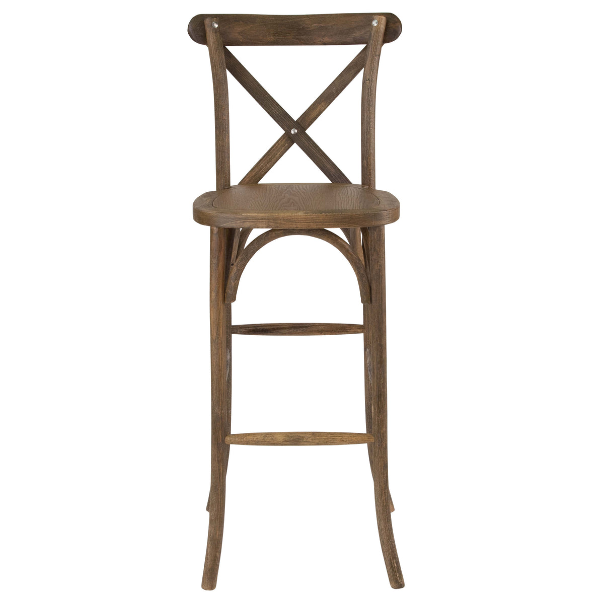 350lb. Rated Dark Antique Wood Cross Back Stackable Barstool