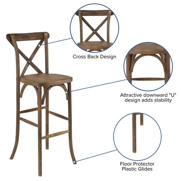 350lb. Rated Dark Antique Wood Cross Back Stackable Barstool