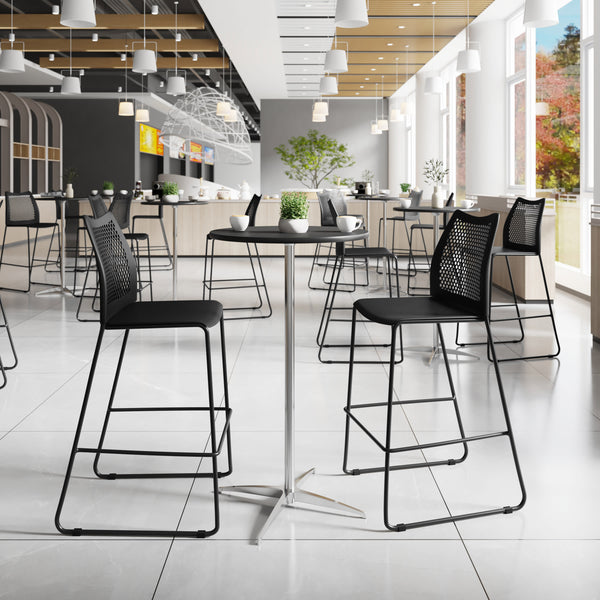 Black Plastic/Black Frame |#| Stackable Sled Base Barstool with Vented Back and Integrated Footrest in Black