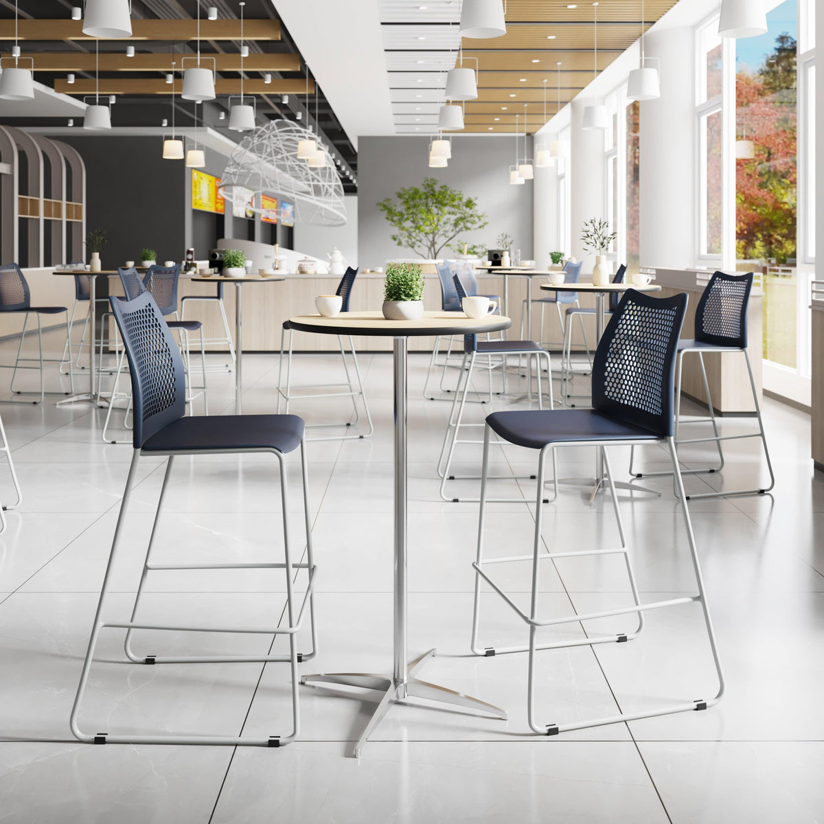 Navy Plastic/Gray Frame |#| Stackable Sled Base Barstool with Vented Back and Integrated Footrest in Navy