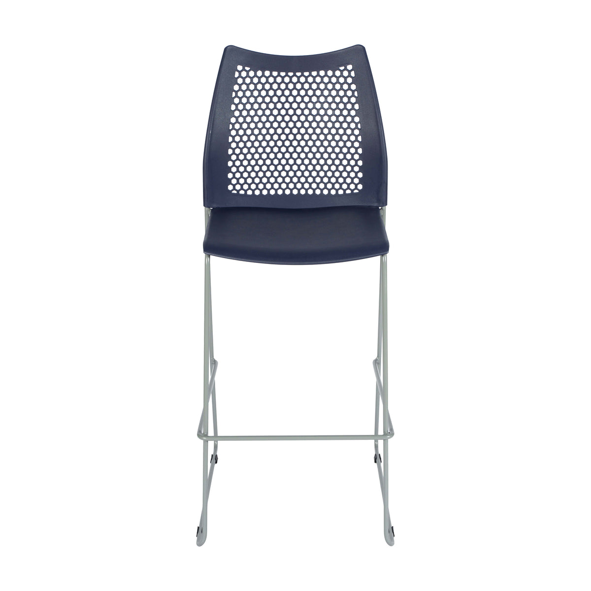 Navy Plastic/Gray Frame |#| Stackable Sled Base Barstool with Vented Back and Integrated Footrest in Navy