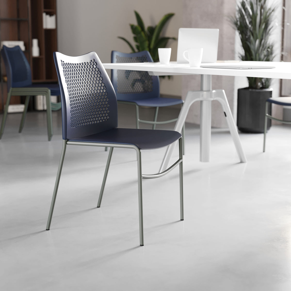 Navy Plastic/Gray Frame |#| Stackable Chair with Vented Back and Waterfall Seat in Black