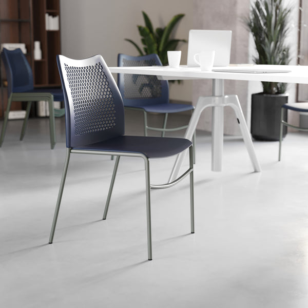 Navy Plastic/Gray Frame |#| Stackable Chair with Vented Back and Waterfall Seat in Black