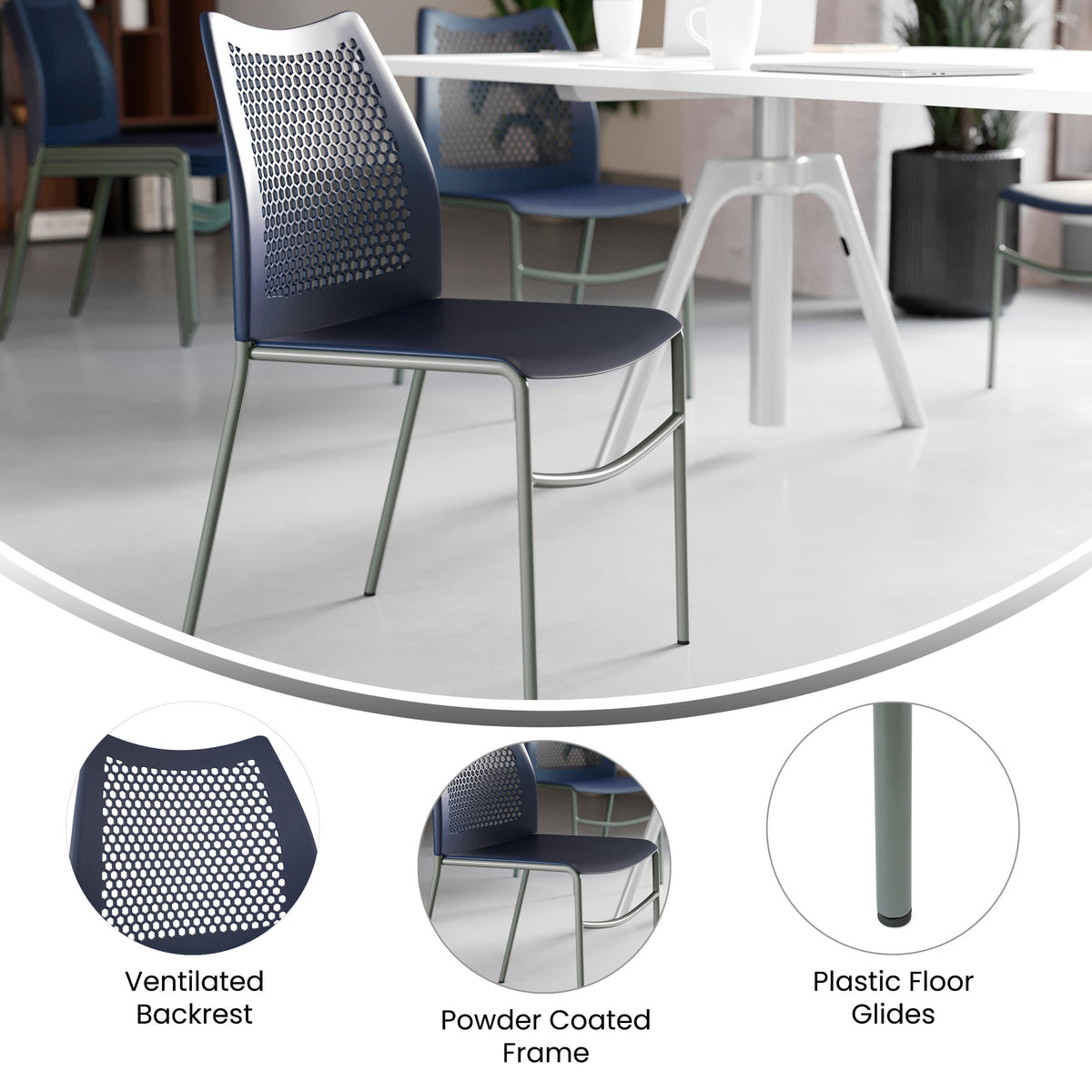 Navy Plastic/Gray Frame |#| Stackable Chair with Vented Back and Waterfall Seat in Black