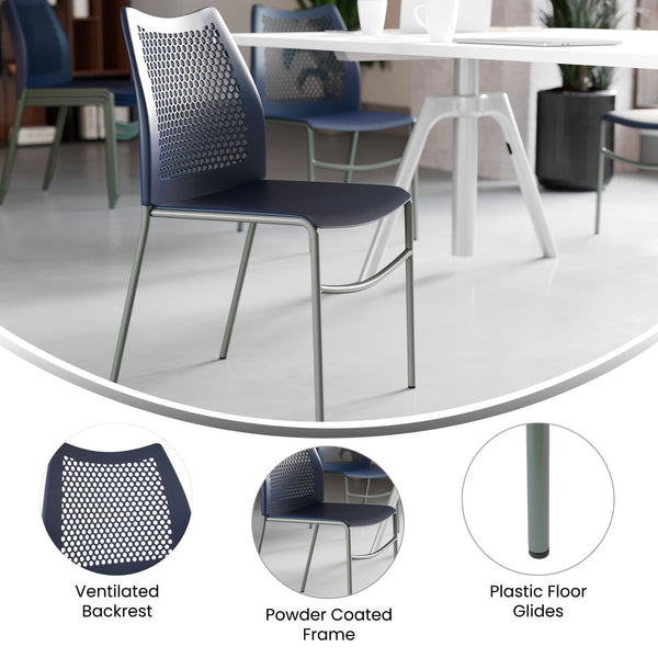Navy Plastic/Gray Frame |#| Stackable Chair with Vented Back and Waterfall Seat in Black
