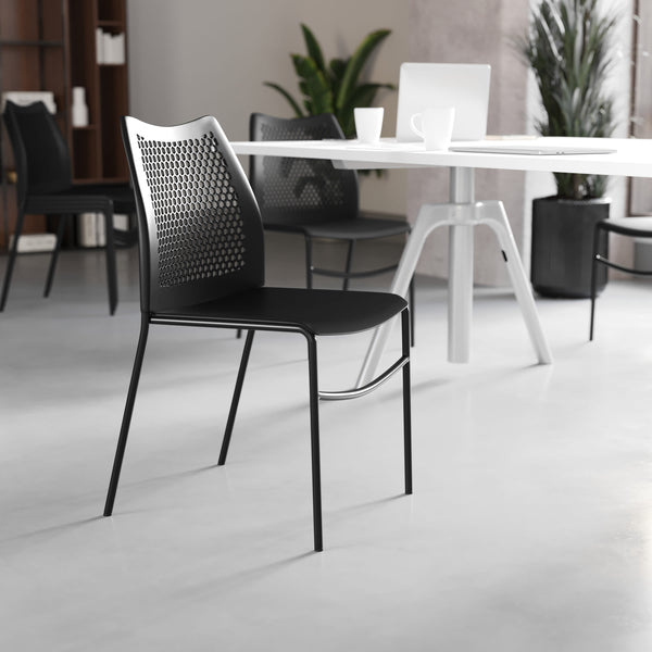 Black Plastic/Black Frame |#| Stackable Chair with Vented Back and Waterfall Seat in Black