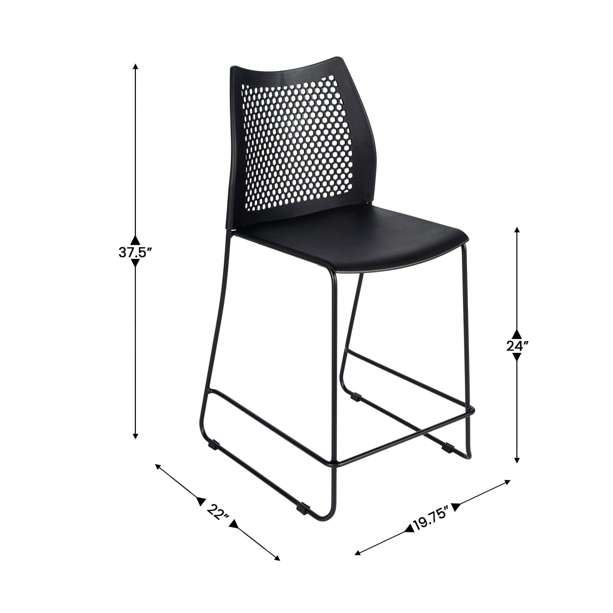 Black Plastic/Black Frame |#| Stackable Sled Base Counter Stool with Vented Back and Footrest in Black