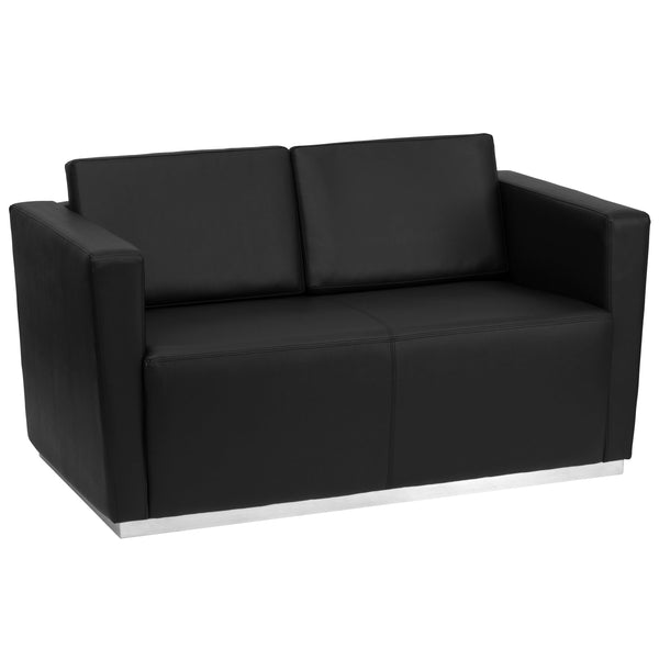 Contemporary Black LeatherSoft Loveseat with Stainless Steel Recessed Base