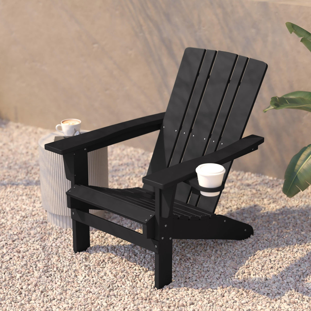 Black |#| Commercial Grade All-Weather Adirondack Chair with Swiveling Cupholder - Black