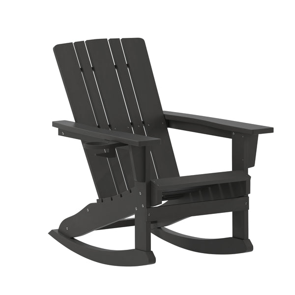 Black |#| Commercial All-Weather Rocking Adirondack Chair with Swiveling Cupholder - Black