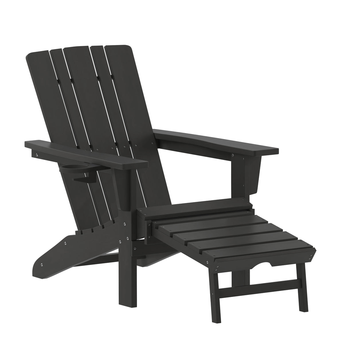 Black |#| Commercial All-Weather Adirondack Chair with Pullout Ottoman & Cupholder - Black