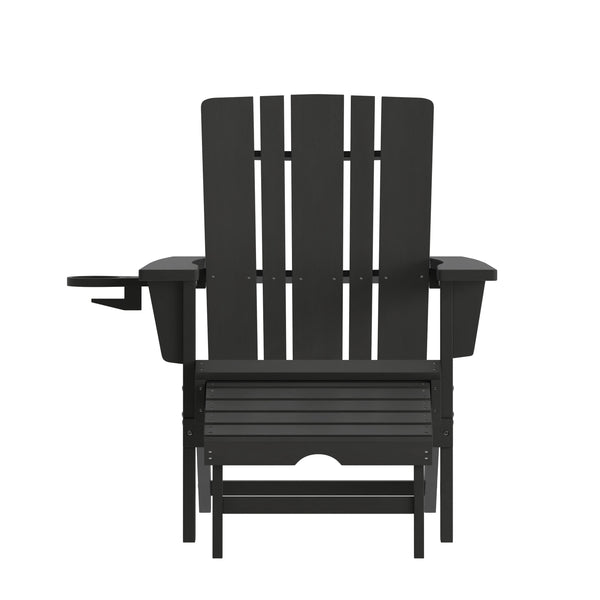 Black |#| Commercial All-Weather Adirondack Chair with Pullout Ottoman & Cupholder - Black