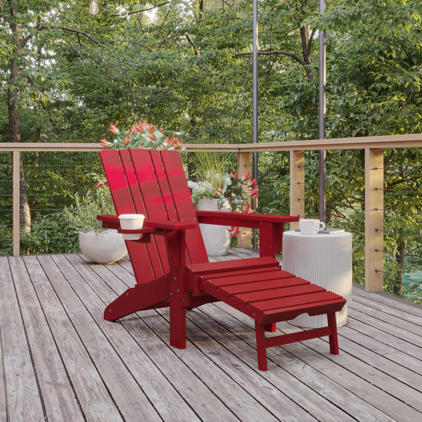 Red |#| Commercial All-Weather Adirondack Chair with Pullout Ottoman & Cupholder - Red