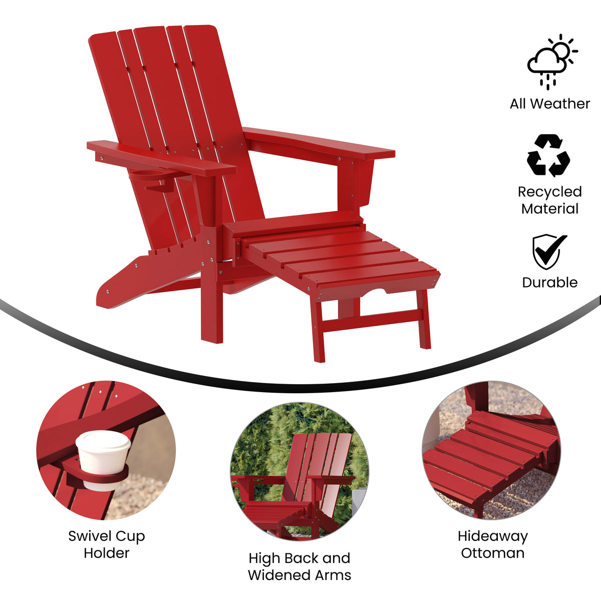 Red |#| Commercial All-Weather Adirondack Chair with Pullout Ottoman & Cupholder - Red