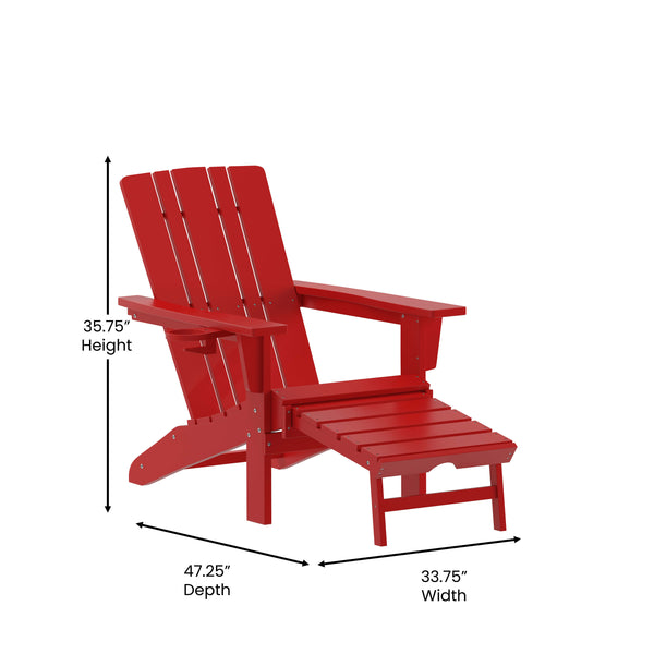 Red |#| Commercial All-Weather Adirondack Chair with Pullout Ottoman & Cupholder - Red