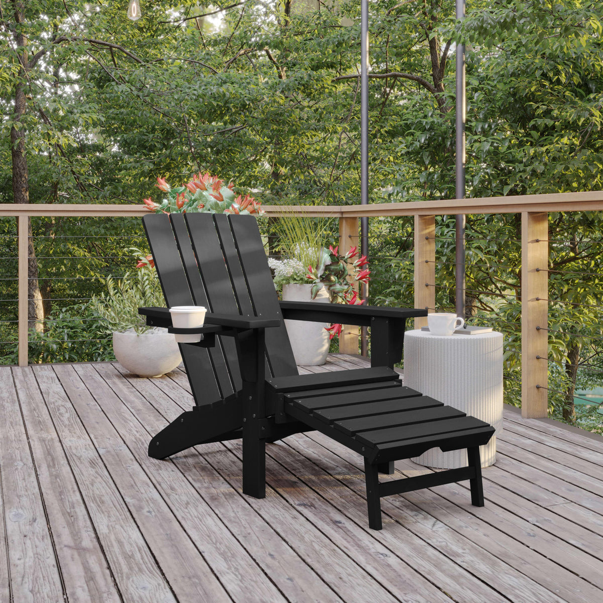 Black |#| Commercial All-Weather Adirondack Chair with Pullout Ottoman & Cupholder - Black